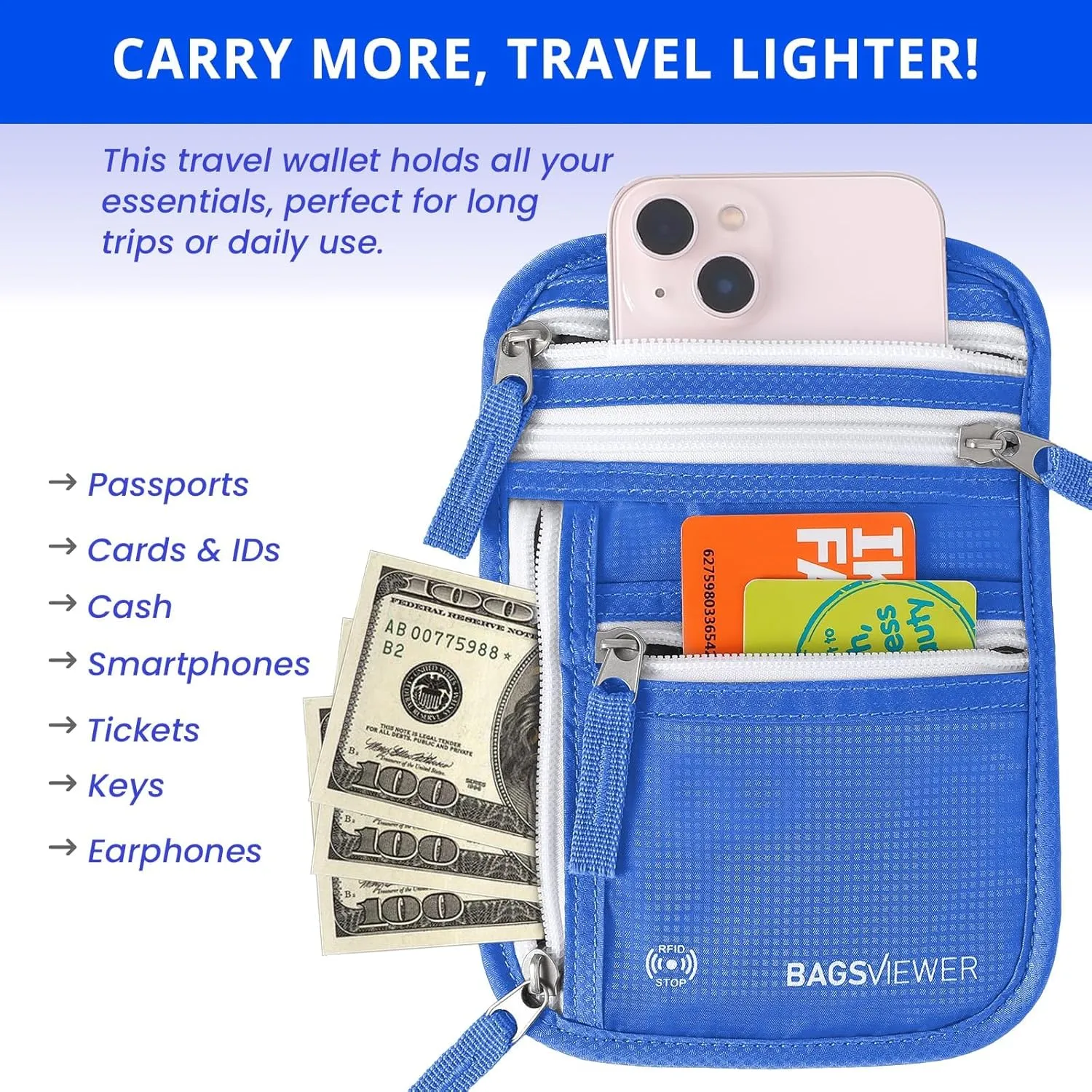 Neck Wallet, RFID Blocking Passport Holder for Travel, Waterproof and Slim Pouch with Adjustable Neck Strap for Men, Women to Secure Cash and Credit Cards, 8"  8.5"