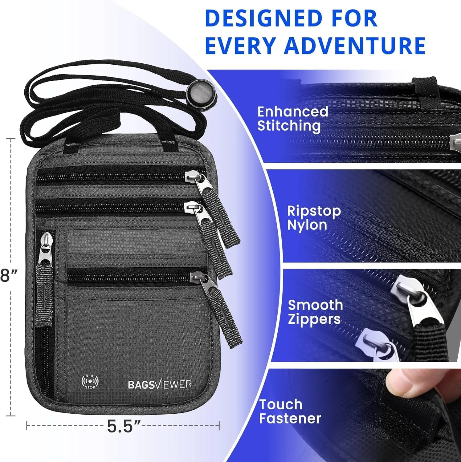 Neck Wallet, RFID Blocking Passport Holder for Travel, Waterproof and Slim Pouch with Adjustable Neck Strap for Men, Women to Secure Cash and Credit Cards, 8"  8.5"