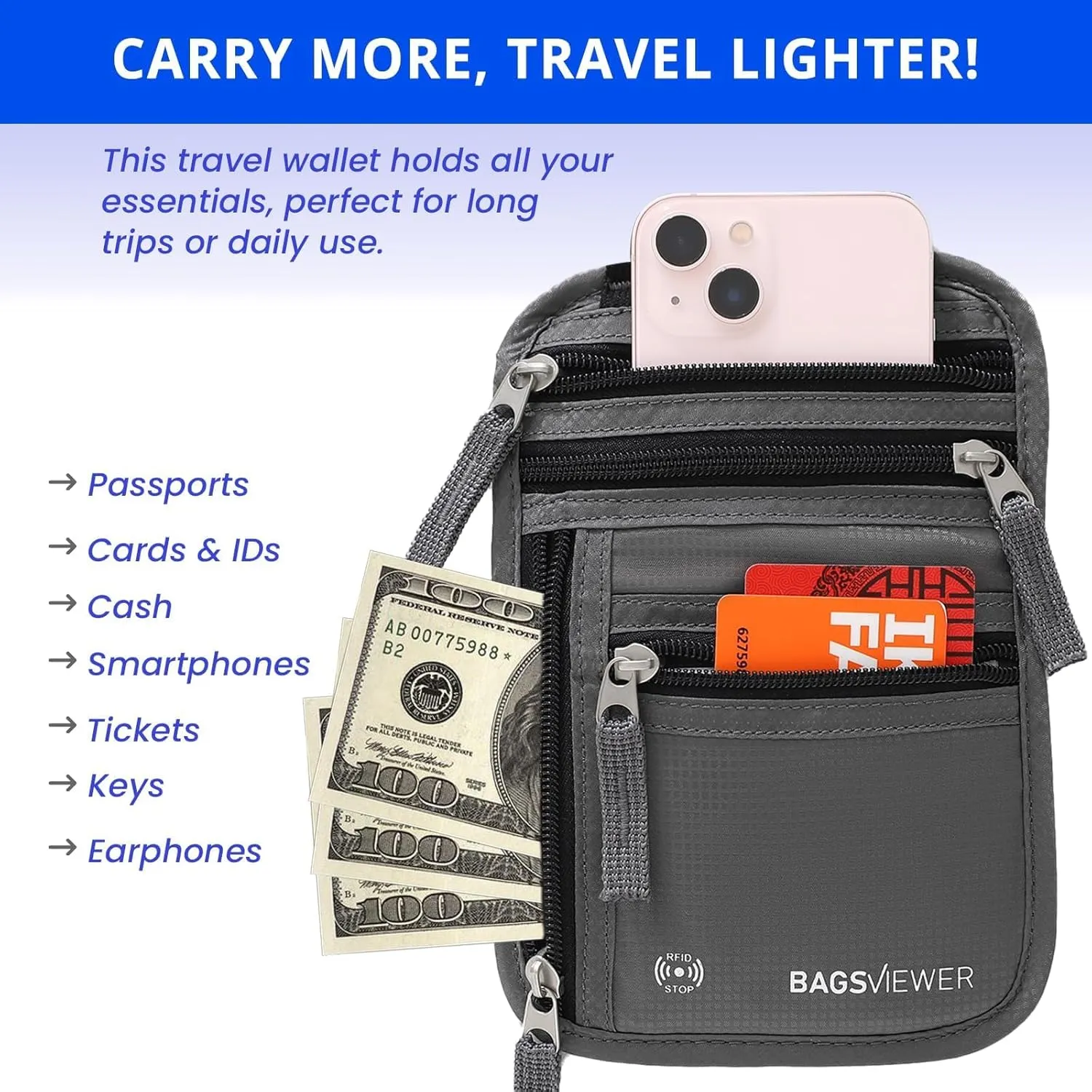 Neck Wallet, RFID Blocking Passport Holder for Travel, Waterproof and Slim Pouch with Adjustable Neck Strap for Men, Women to Secure Cash and Credit Cards, 8"  8.5"
