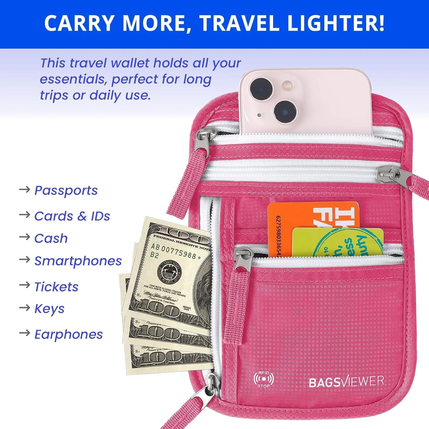Neck Wallet, RFID Blocking Passport Holder for Travel, Waterproof and Slim Pouch with Adjustable Neck Strap for Men, Women to Secure Cash and Credit Cards, 8"  8.5"