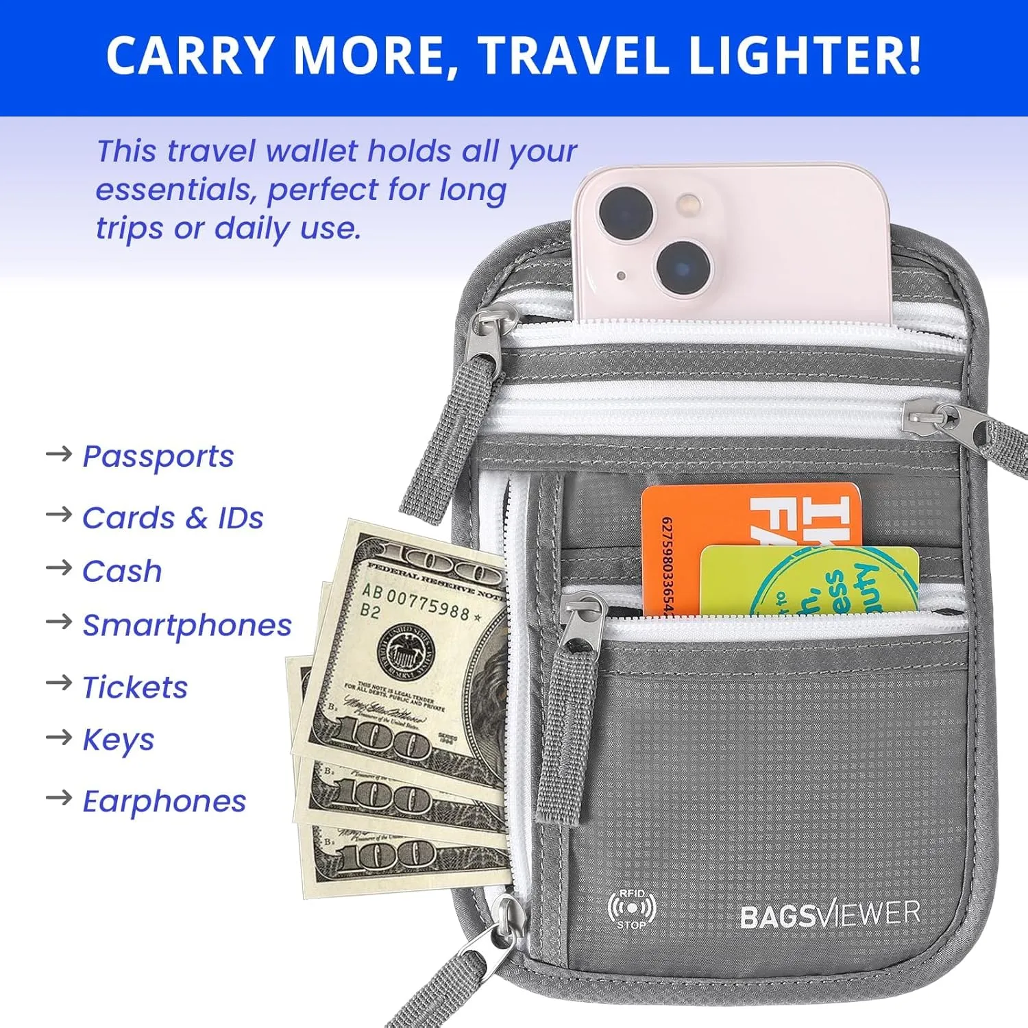 Neck Wallet, RFID Blocking Passport Holder for Travel, Waterproof and Slim Pouch with Adjustable Neck Strap for Men, Women to Secure Cash and Credit Cards, 8"  8.5"