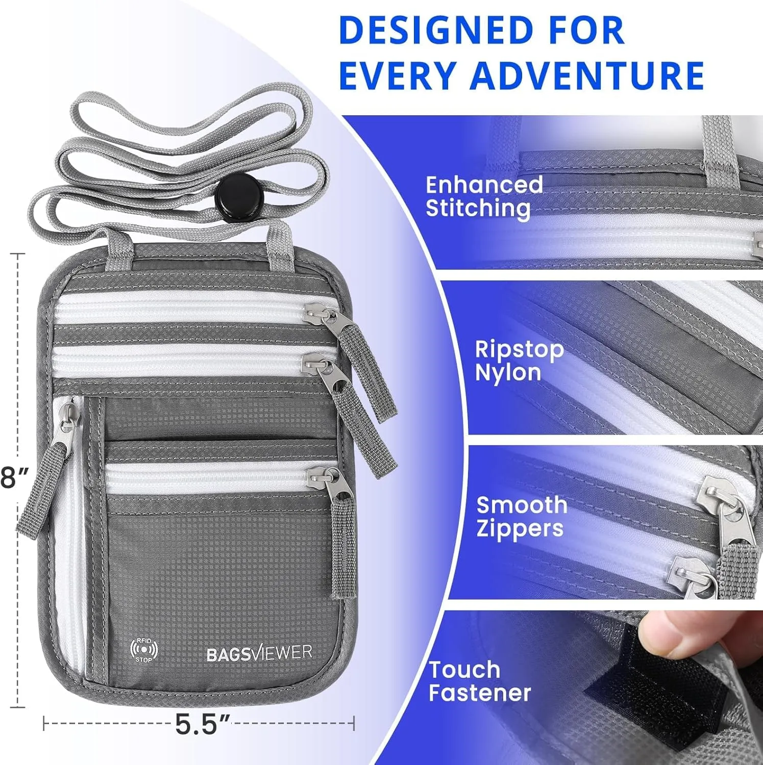 Neck Wallet, RFID Blocking Passport Holder for Travel, Waterproof and Slim Pouch with Adjustable Neck Strap for Men, Women to Secure Cash and Credit Cards, 8"  8.5"