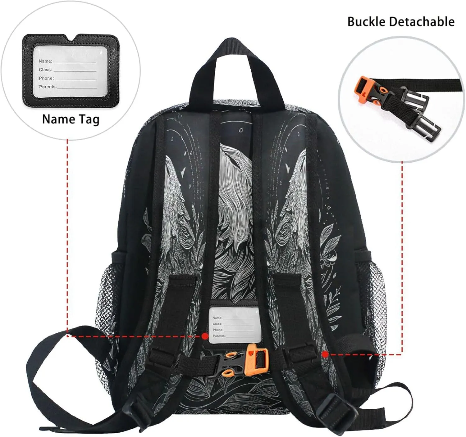 panksolu Black Wolf Howl Toddler Backpack for Boys Girls,Kid Backpack with Chest Clip and Name Tag, M