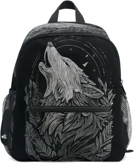 panksolu Black Wolf Howl Toddler Backpack for Boys Girls,Kid Backpack with Chest Clip and Name Tag, M