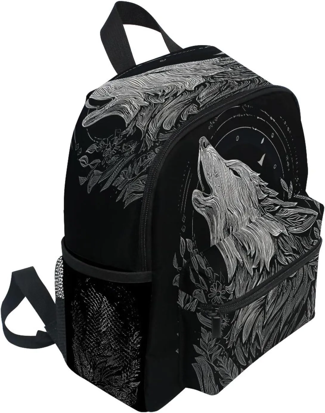 panksolu Black Wolf Howl Toddler Backpack for Boys Girls,Kid Backpack with Chest Clip and Name Tag, M