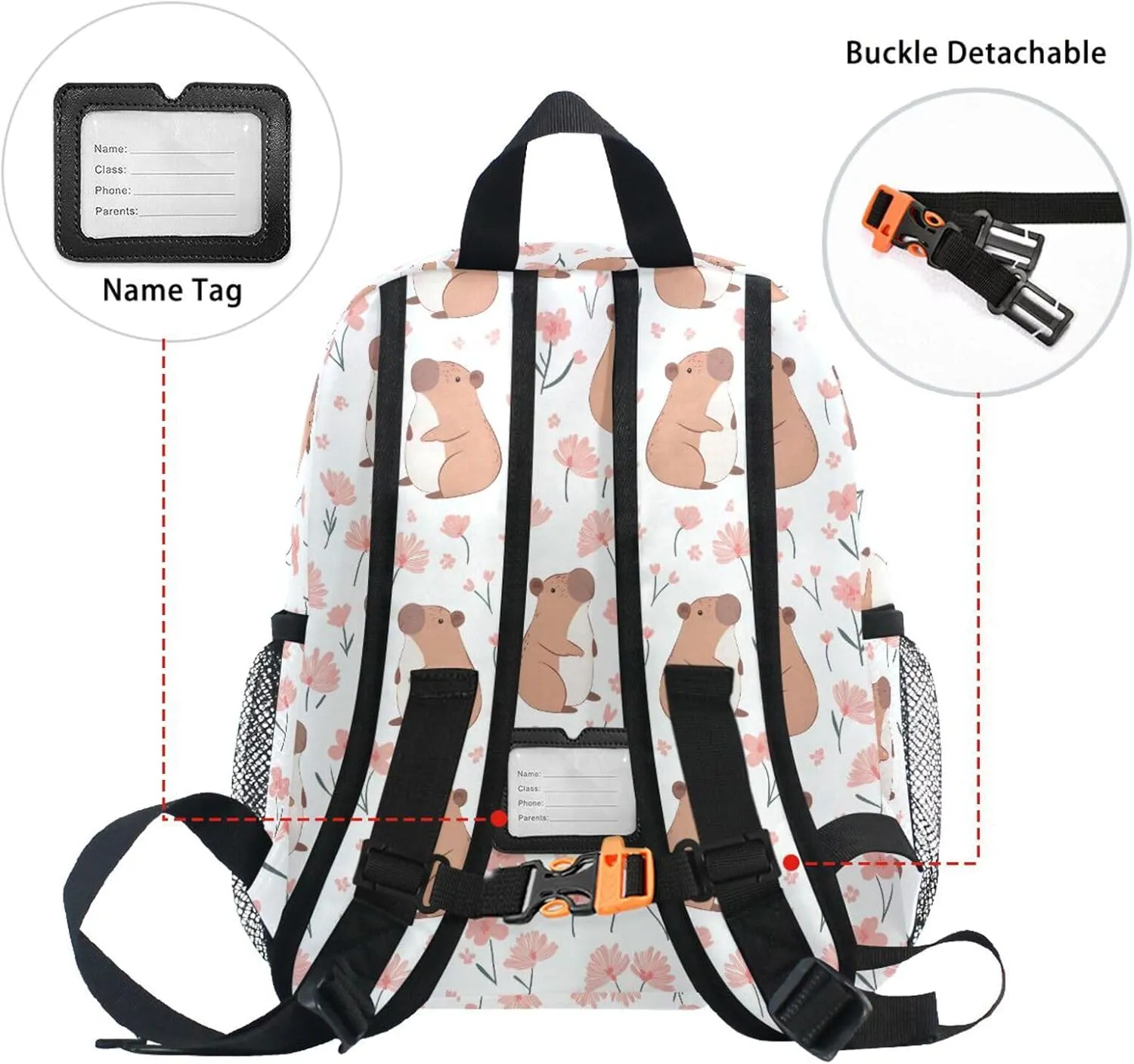 panksolu Cute Capybara Floral Toddler Backpack for Boys Girls,Kid Backpack with Chest Clip and Name Tag, S