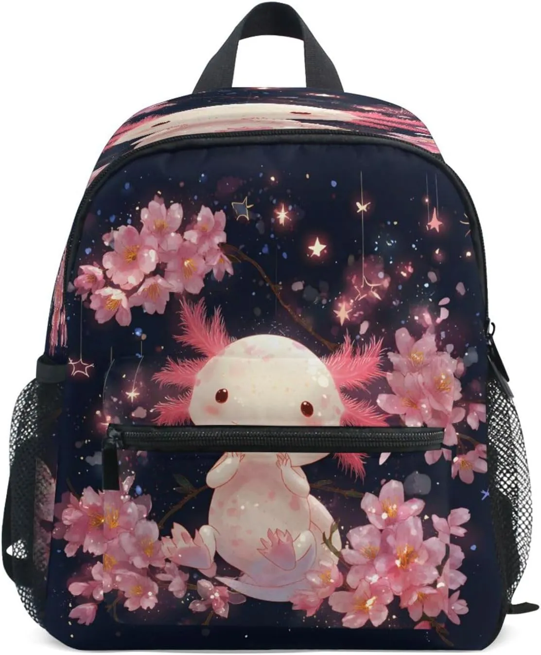 panksolu Cute Magic Axolotl Pink Flowers Toddler Backpack for Boys Girls,Kid Backpack with Chest Clip and Name Tag, S