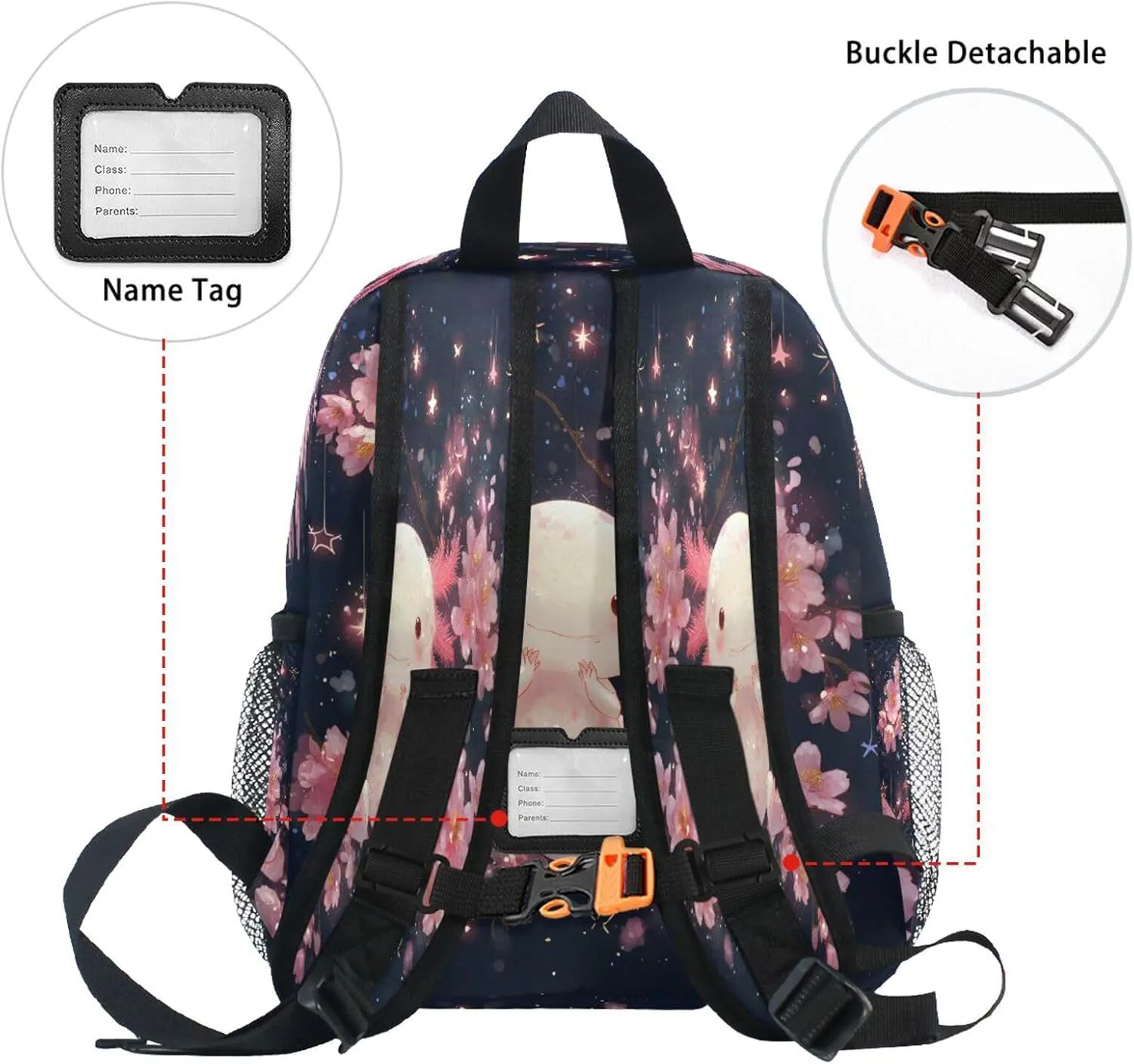 panksolu Cute Magic Axolotl Pink Flowers Toddler Backpack for Boys Girls,Kid Backpack with Chest Clip and Name Tag, S