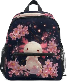 panksolu Cute Magic Axolotl Pink Flowers Toddler Backpack for Boys Girls,Kid Backpack with Chest Clip and Name Tag, S