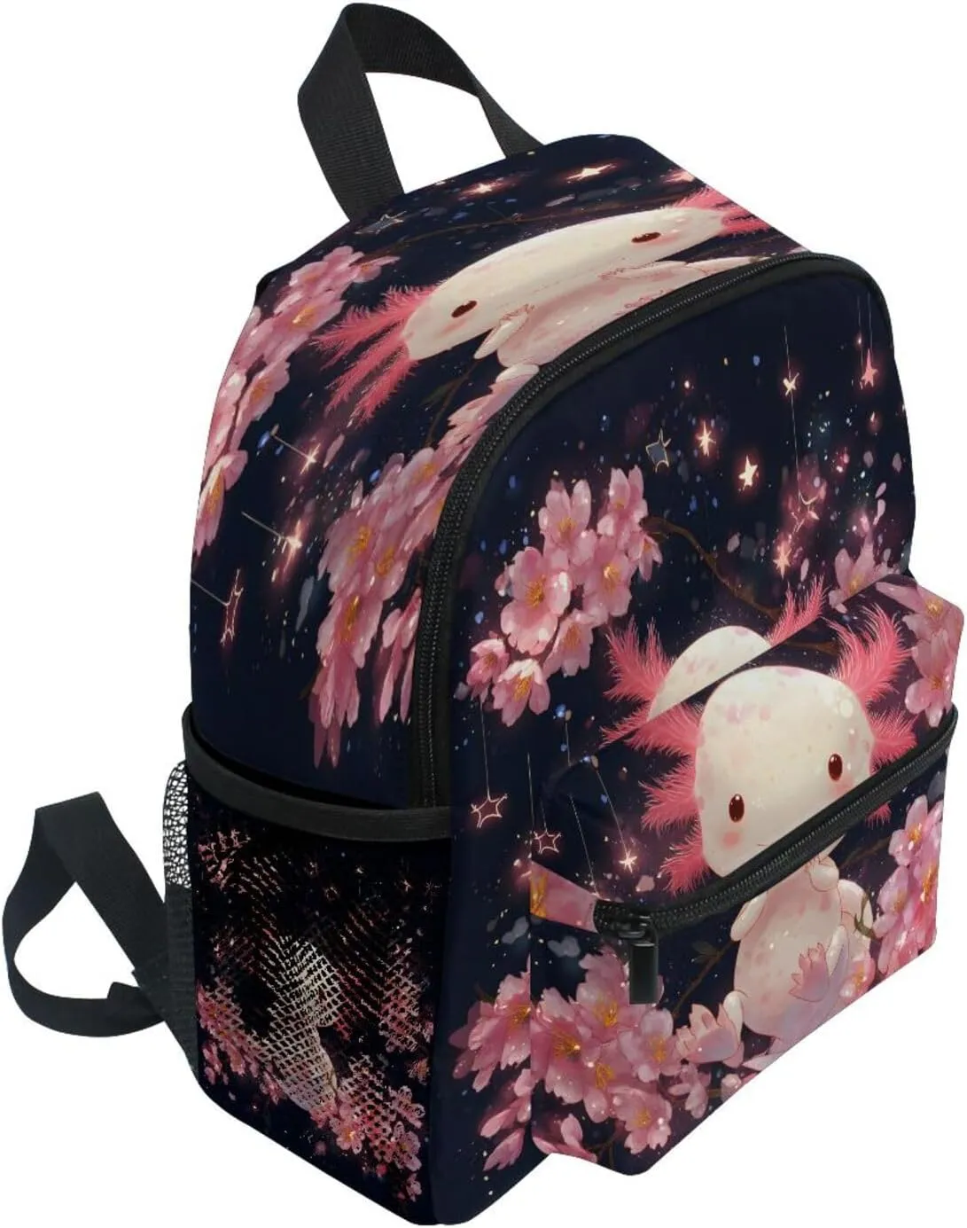 panksolu Cute Magic Axolotl Pink Flowers Toddler Backpack for Boys Girls,Kid Backpack with Chest Clip and Name Tag, S