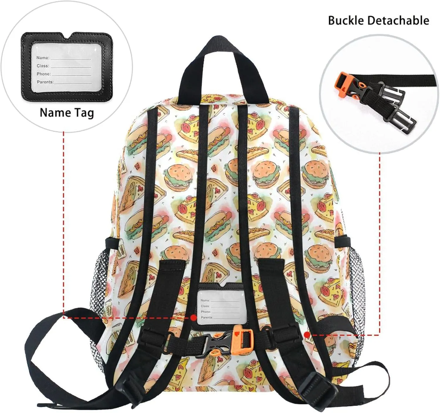 panksolu Cute Pizza Slices Hamburger Toddler Backpack for Boys Girls,Kid Backpack with Chest Clip and Name Tag, S