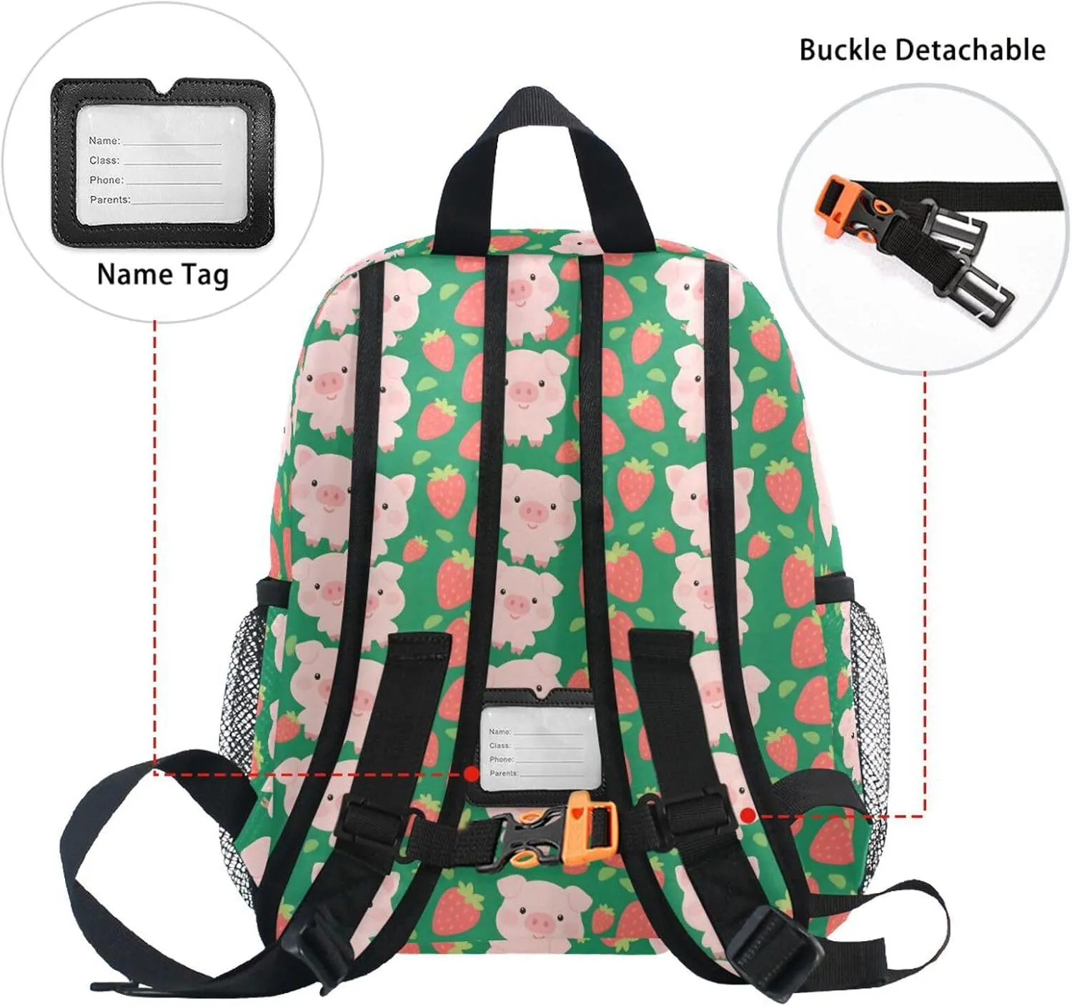 panksolu Cute Strawberry Pigs Toddler Backpack for Boys Girls,Kid Backpack with Chest Clip and Name Tag, S