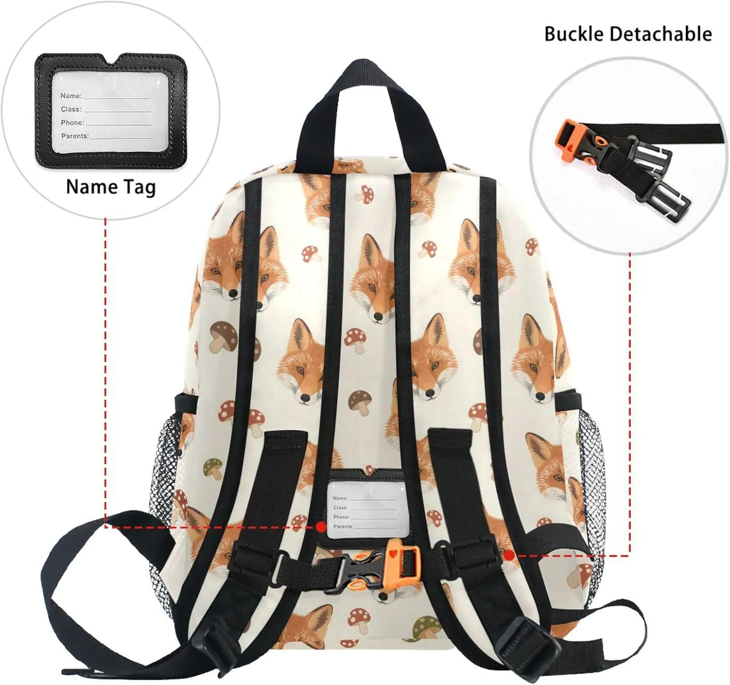 panksolu Fox Mushroom Toddler Backpack for Boys Girls,Kid Backpack with Chest Clip and Name Tag, M