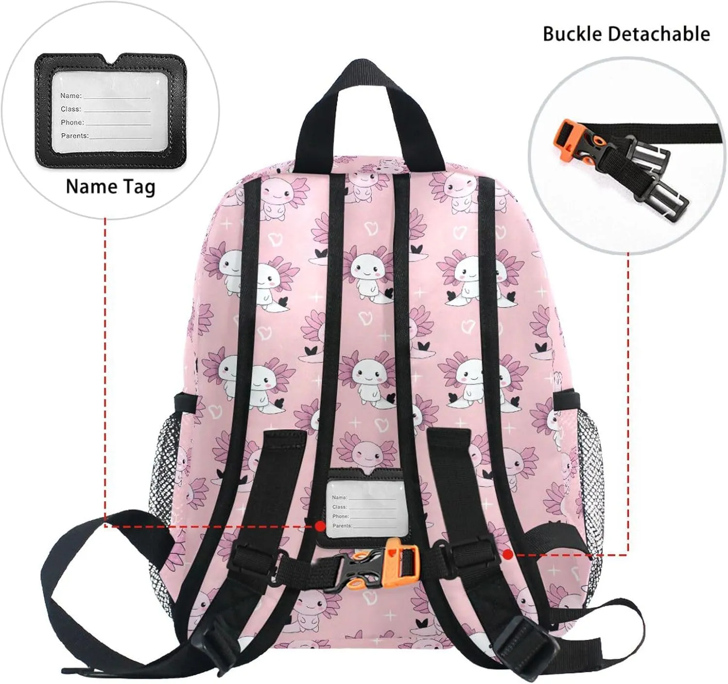 panksolu Lovely Axolotls Doodle Heart Toddler Backpack for Boys Girls,Kid Backpack with Chest Clip and Name Tag, S
