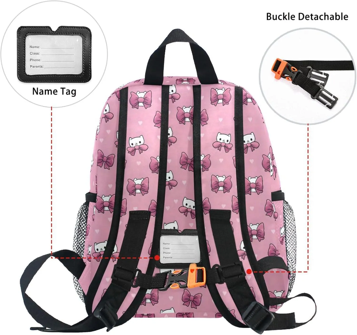 panksolu Lovely Cat Bow Toddler Backpack for Boys Girls,Kid Backpack with Chest Clip and Name Tag, M