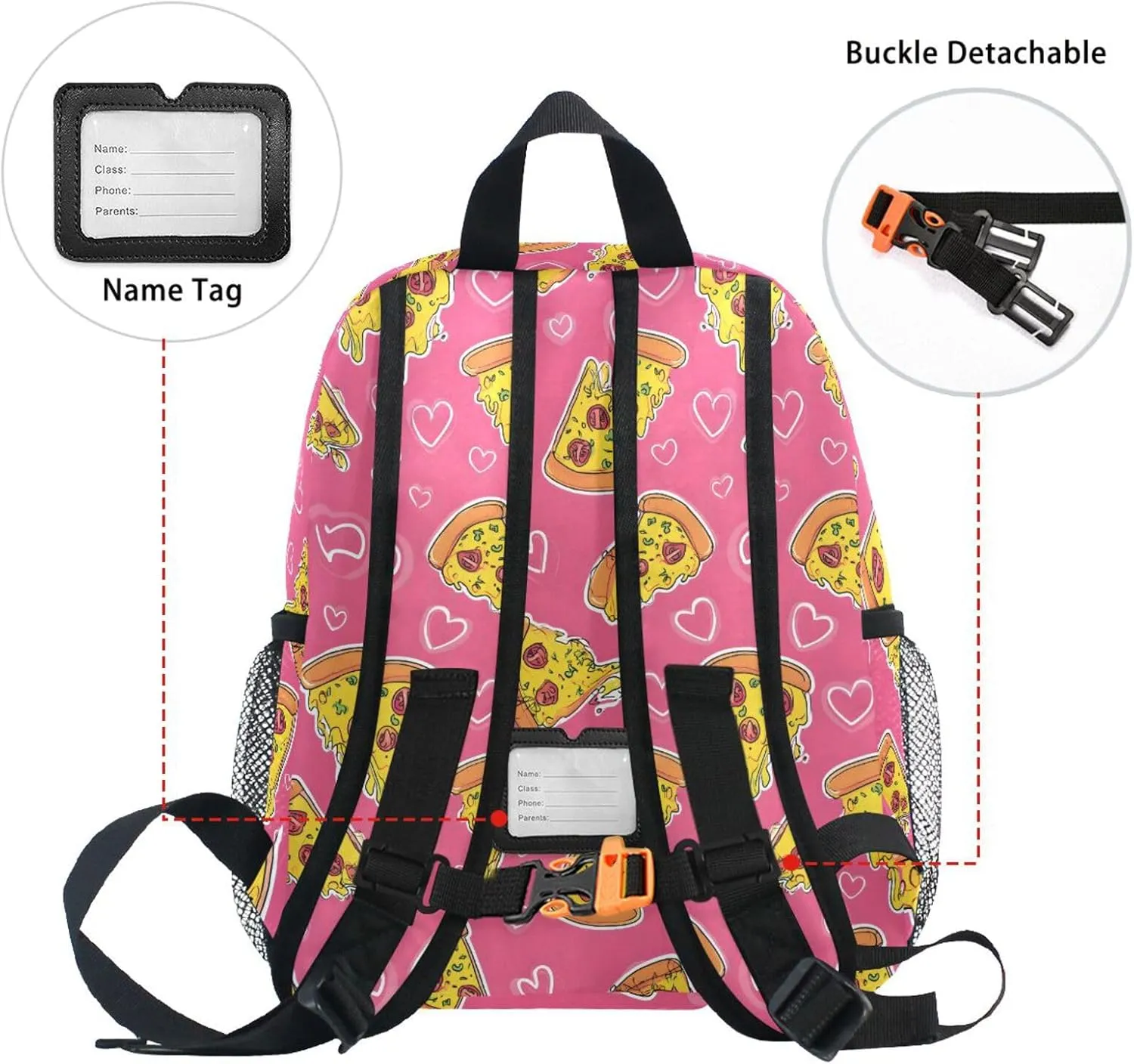 panksolu Pizza Pink Love Pattern Toddler Backpack for Boys Girls,Kid Backpack with Chest Clip and Name Tag, M