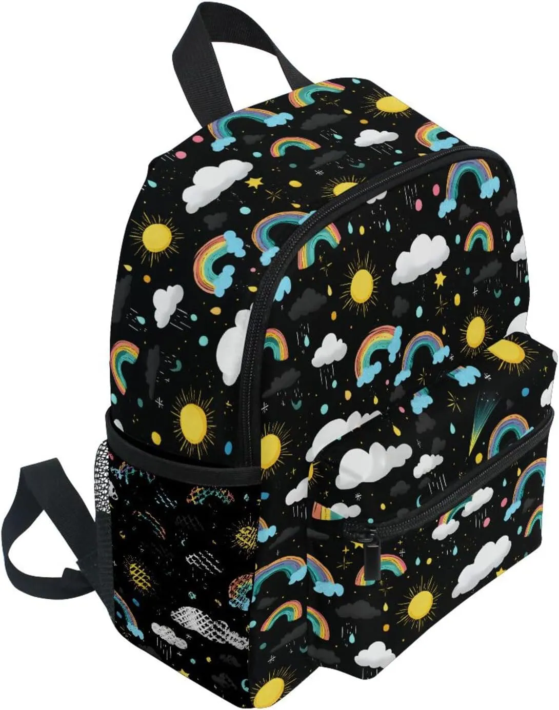 panksolu Rainbow Rain Clouds Doodle Toddler Backpack for Boys Girls,Kid Backpack with Chest Clip and Name Tag, M