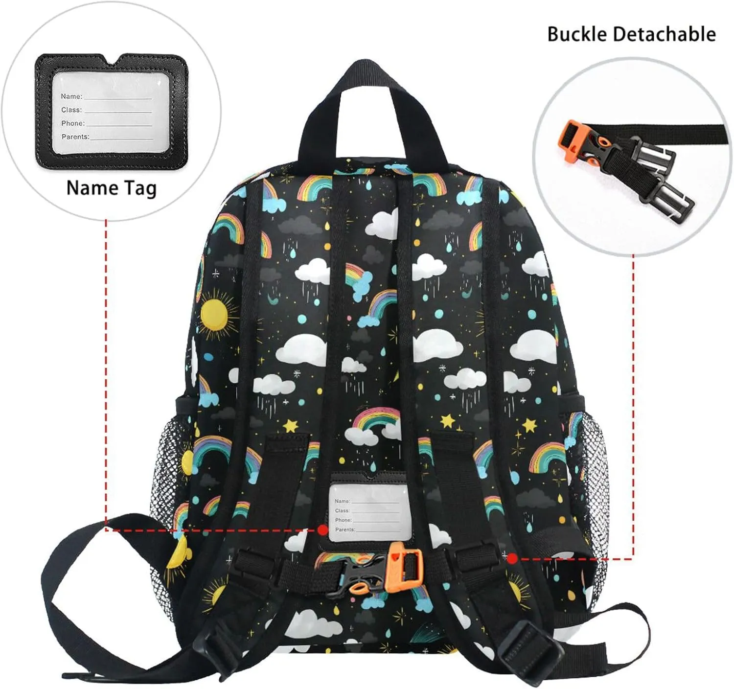 panksolu Rainbow Rain Clouds Doodle Toddler Backpack for Boys Girls,Kid Backpack with Chest Clip and Name Tag, M
