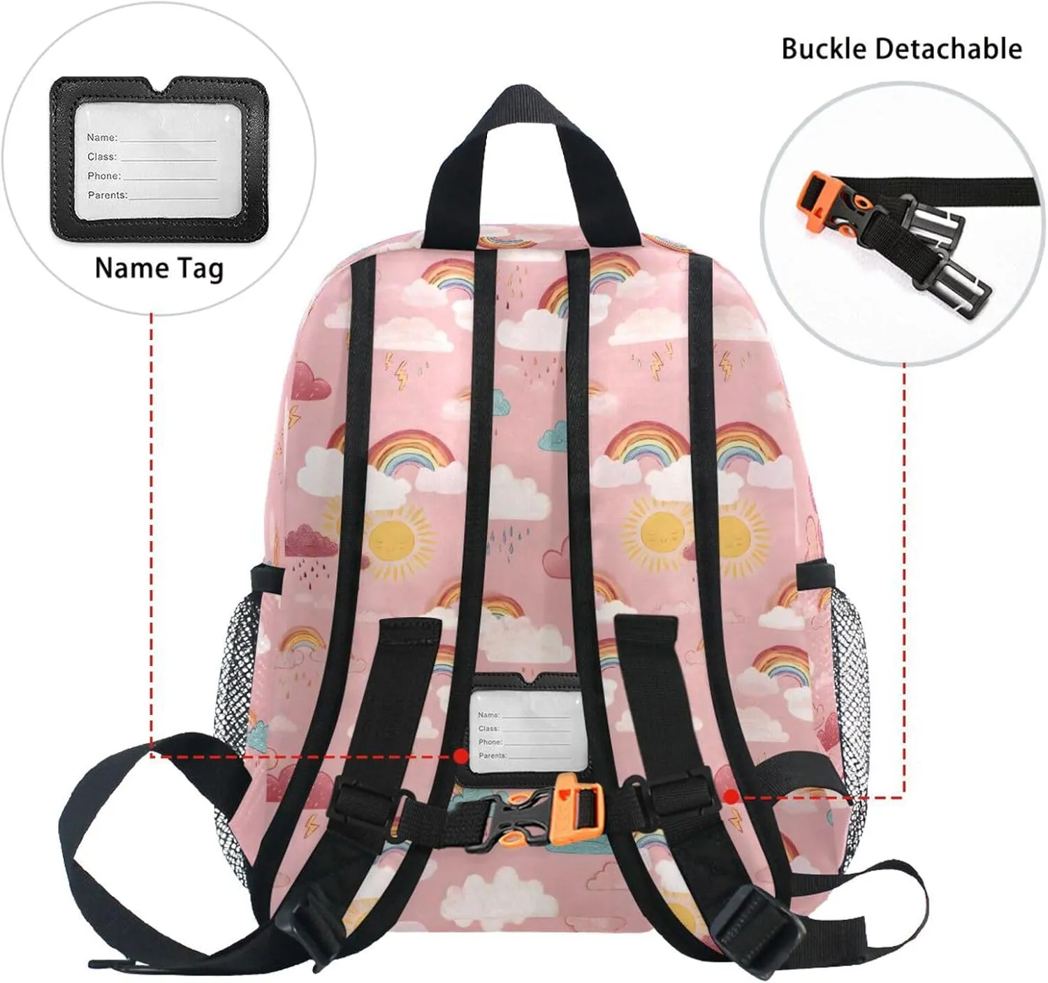 panksolu Rainbow Rain Pink Toddler Backpack for Boys Girls,Kid Backpack with Chest Clip and Name Tag, M