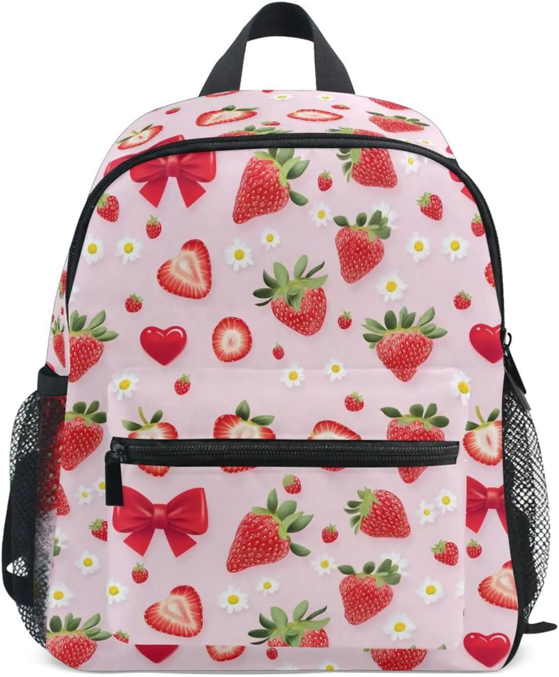 panksolu Red Strawberry Daisy Toddler Backpack for Boys Girls,Kid Backpack with Chest Clip and Name Tag, S