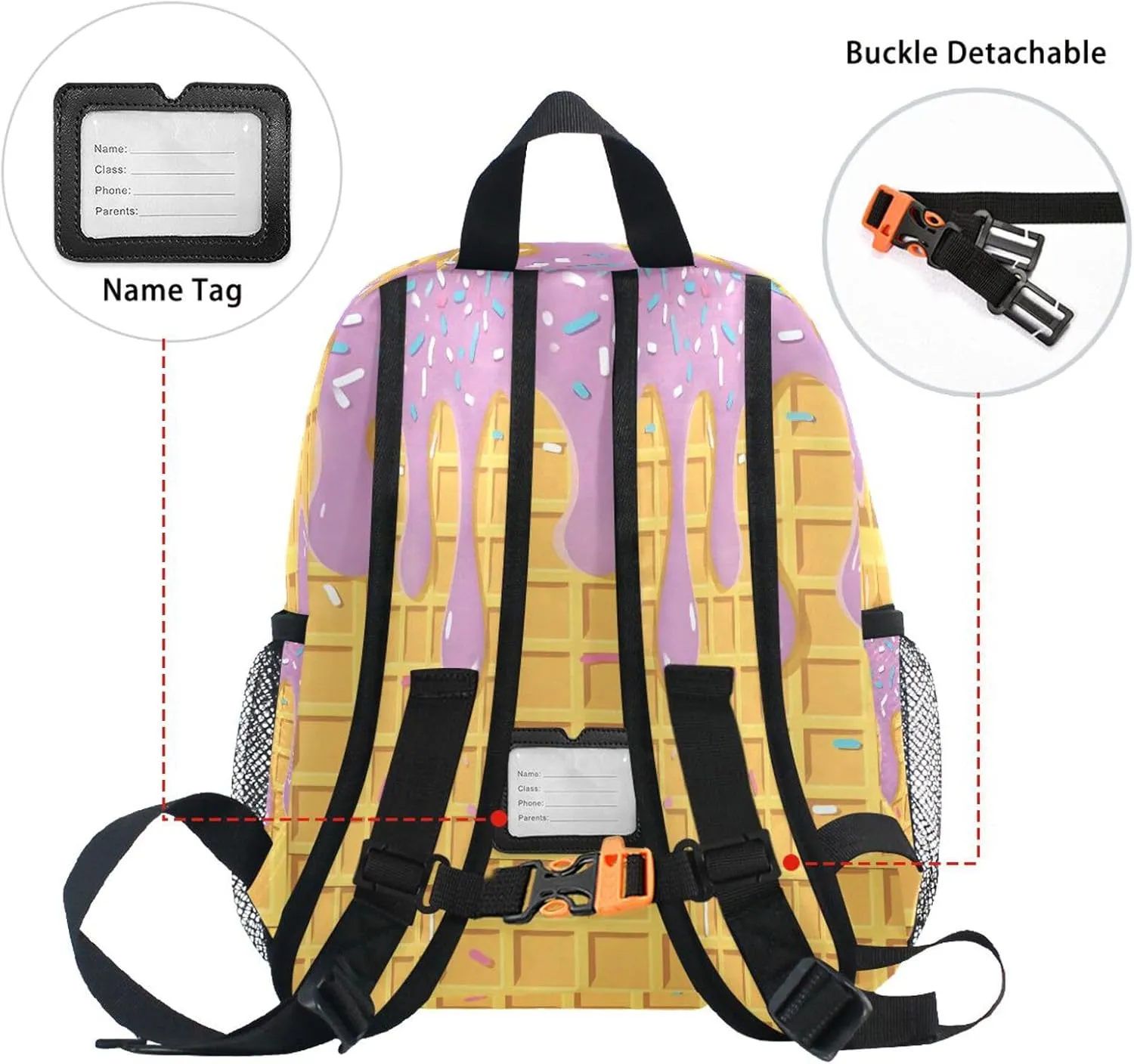 panksolu Waffle Purple Ice Cream Toddler Backpack for Boys Girls,Kid Backpack with Chest Clip and Name Tag, S