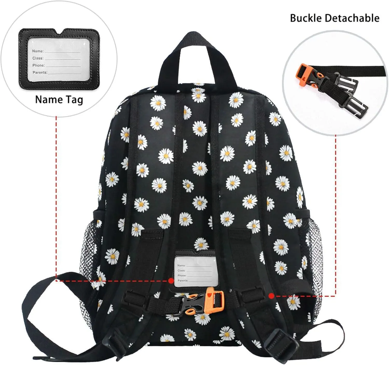 panksolu White Daisy Floral Toddler Backpack for Boys Girls,Kid Backpack with Chest Clip and Name Tag, M