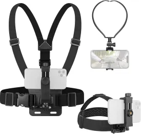 Phone Strap Mount Set,ChromLives Phone Chest Strap Mount  Phone Head Mount Phone Neck Holder,3 in 1 Hands Free Phone Holder for Neck Head Chest Compatible with iPhone,Gopro Hero and More