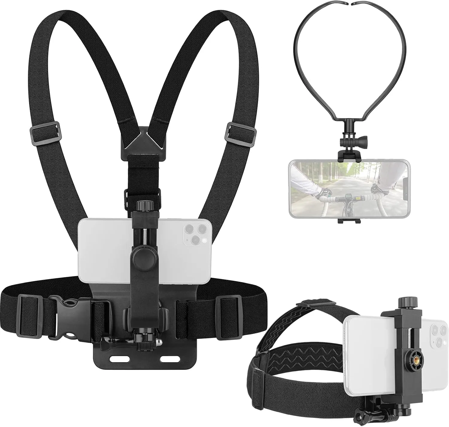 Phone Strap Mount Set,ChromLives Phone Chest Strap Mount  Phone Head Mount Phone Neck Holder,3 in 1 Hands Free Phone Holder for Neck Head Chest Compatible with iPhone,Gopro Hero and More