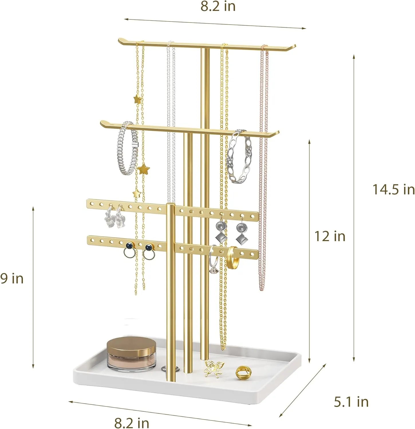 pickpiff Jewelry Stand Holder Organizer: 14.5" Sturdy Hanger for 80 Pcs Jewelry, Gift for Women, Gold Jewlery Tower for Necklace, Earring, Bracelet