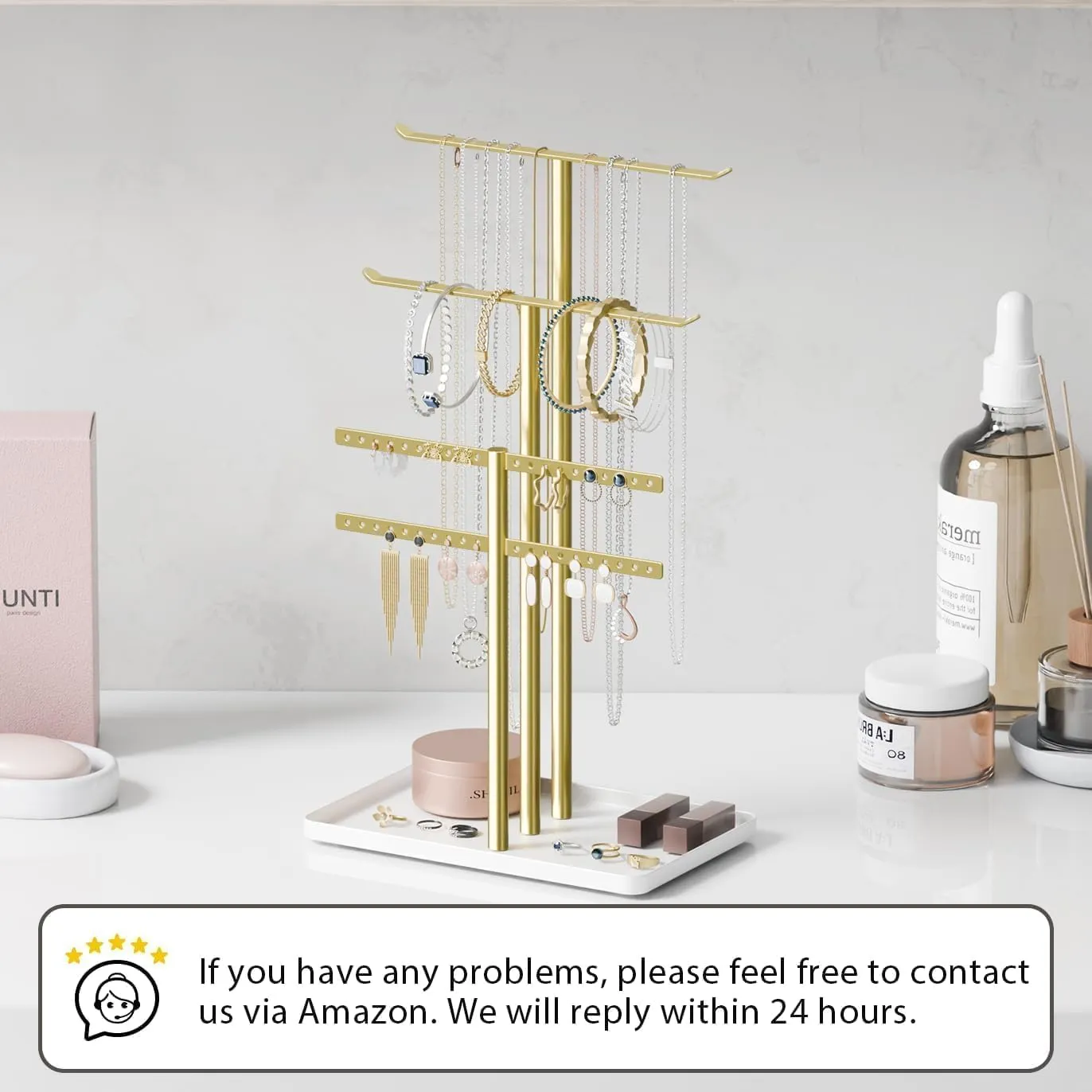 pickpiff Jewelry Stand Holder Organizer: 14.5" Sturdy Hanger for 80 Pcs Jewelry, Gift for Women, Gold Jewlery Tower for Necklace, Earring, Bracelet