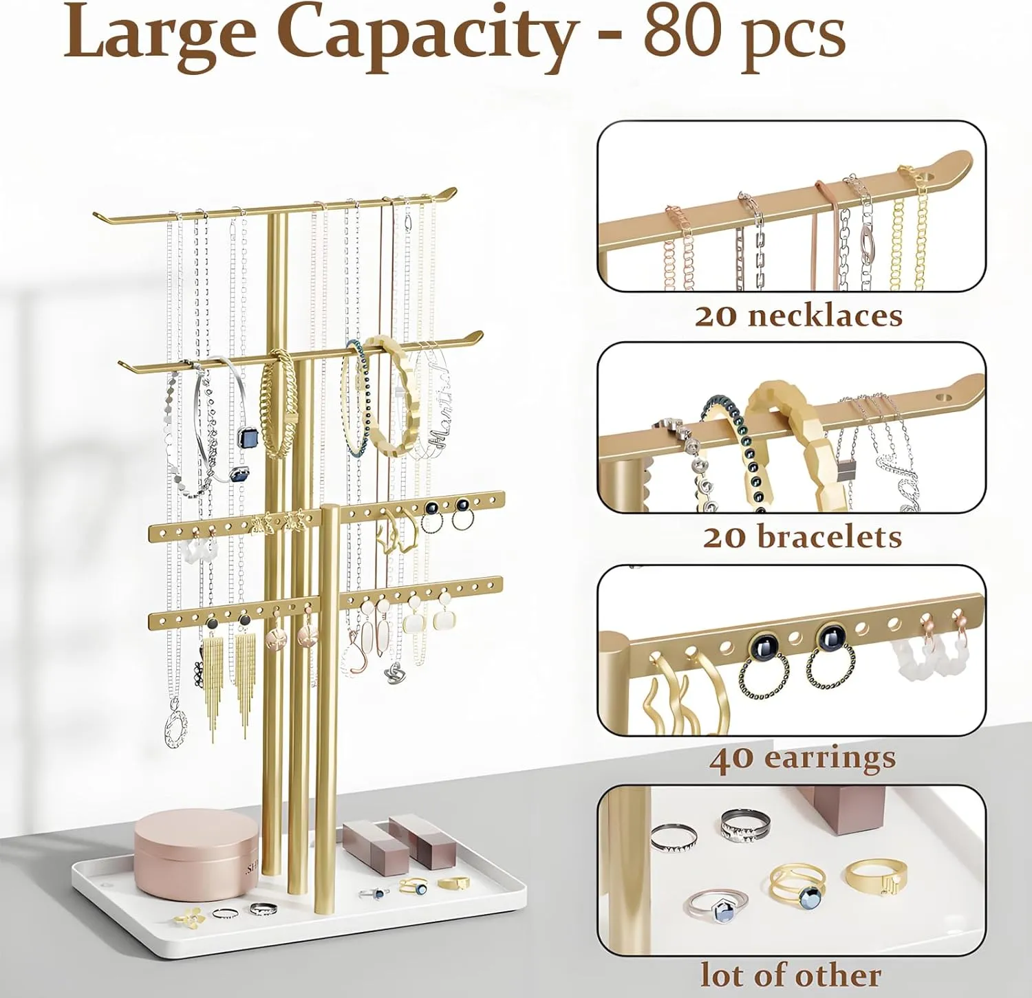 pickpiff Jewelry Stand Holder Organizer: 14.5" Sturdy Hanger for 80 Pcs Jewelry, Gift for Women, Gold Jewlery Tower for Necklace, Earring, Bracelet