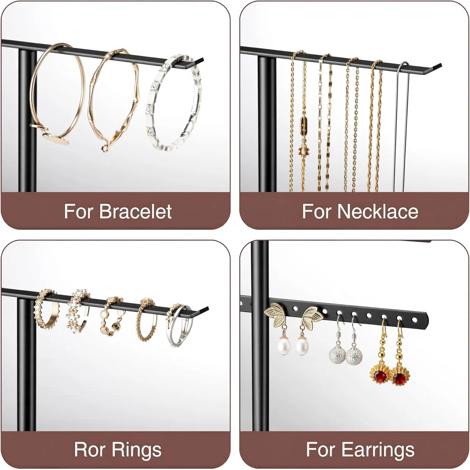 pickpiff Jewelry Stand Organizer, 14.5" Tall Sturdy Metal, 3-Tier Jewelry Holder for Necklace, Earring, Bracelet, Ring, Hanger for Display and Storage, Aesthetic Room Decor, Black
