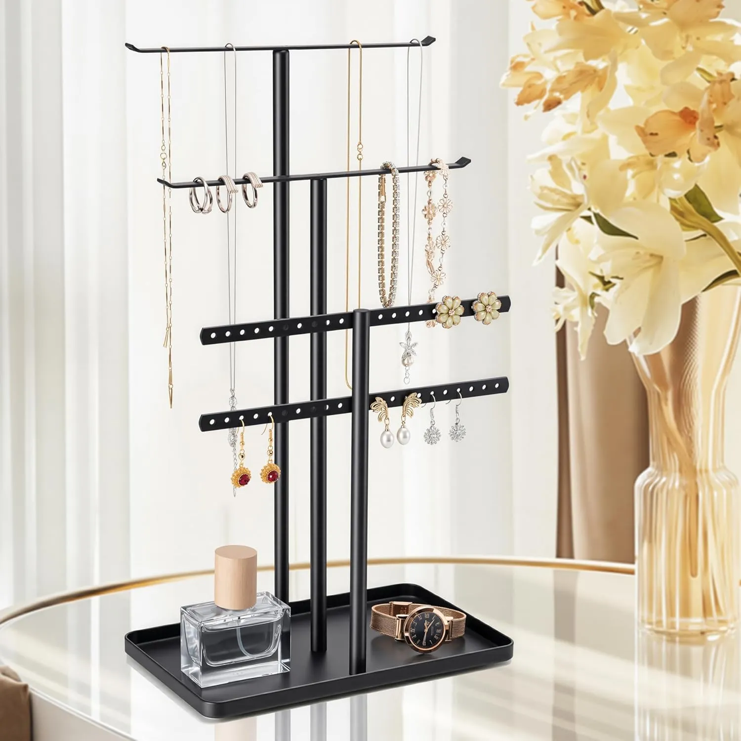 pickpiff Jewelry Stand Organizer, 14.5" Tall Sturdy Metal, 3-Tier Jewelry Holder for Necklace, Earring, Bracelet, Ring, Hanger for Display and Storage, Aesthetic Room Decor, Black