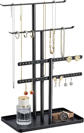 pickpiff Jewelry Stand Organizer, 14.5" Tall Sturdy Metal, 3-Tier Jewelry Holder for Necklace, Earring, Bracelet, Ring, Hanger for Display and Storage, Aesthetic Room Decor, Black