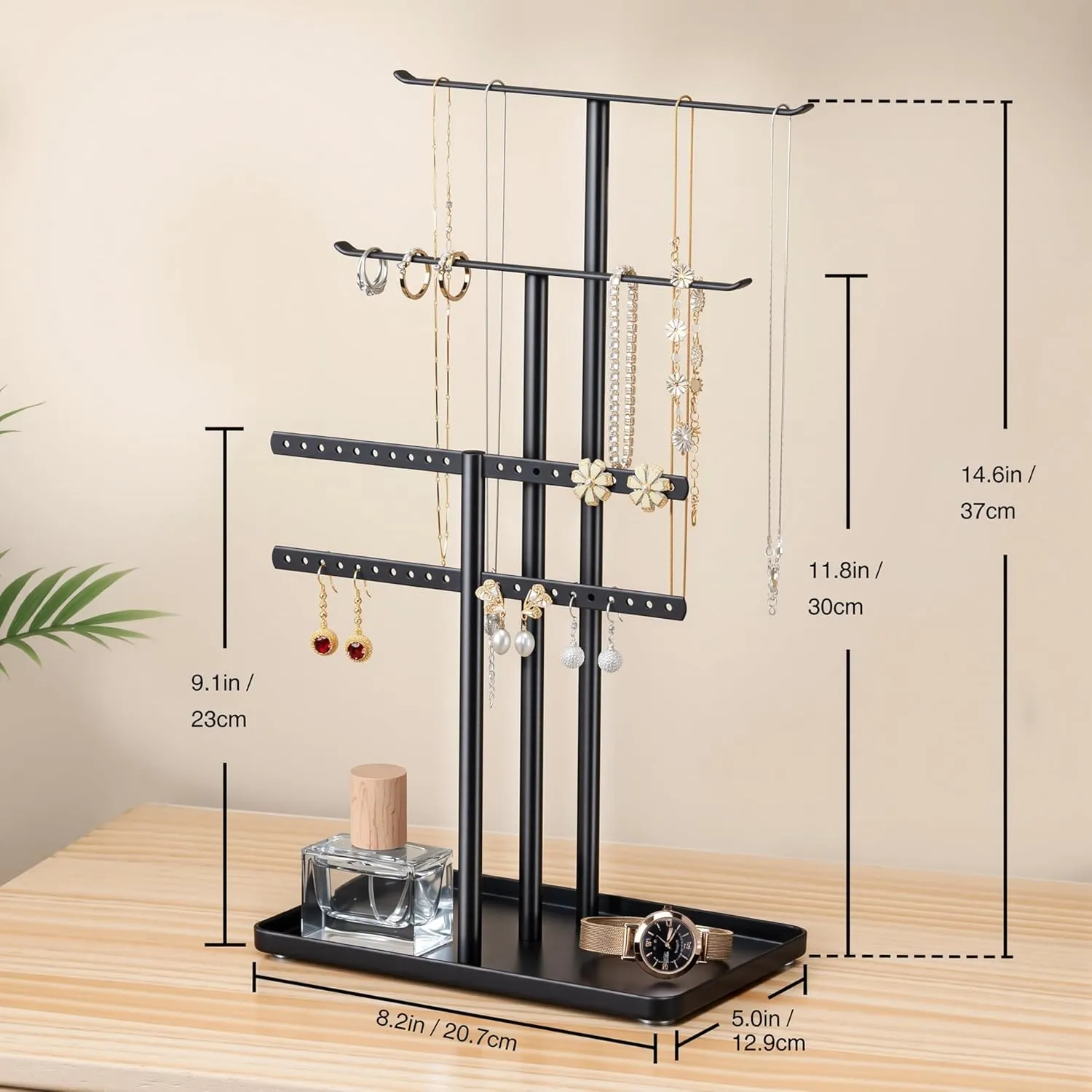 pickpiff Jewelry Stand Organizer, 14.5" Tall Sturdy Metal, 3-Tier Jewelry Holder for Necklace, Earring, Bracelet, Ring, Hanger for Display and Storage, Aesthetic Room Decor, Black