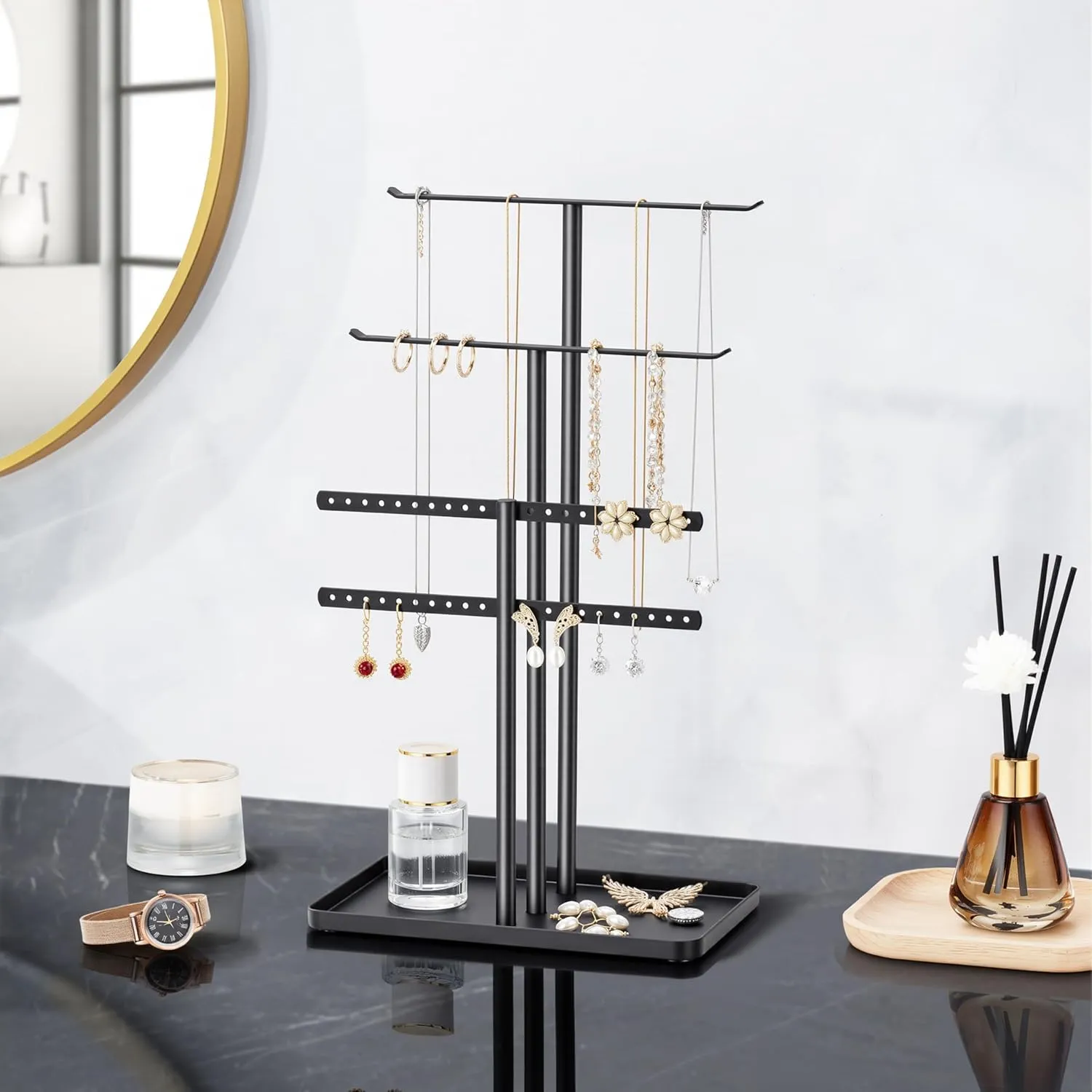 pickpiff Jewelry Stand Organizer, 14.5" Tall Sturdy Metal, 3-Tier Jewelry Holder for Necklace, Earring, Bracelet, Ring, Hanger for Display and Storage, Aesthetic Room Decor, Black