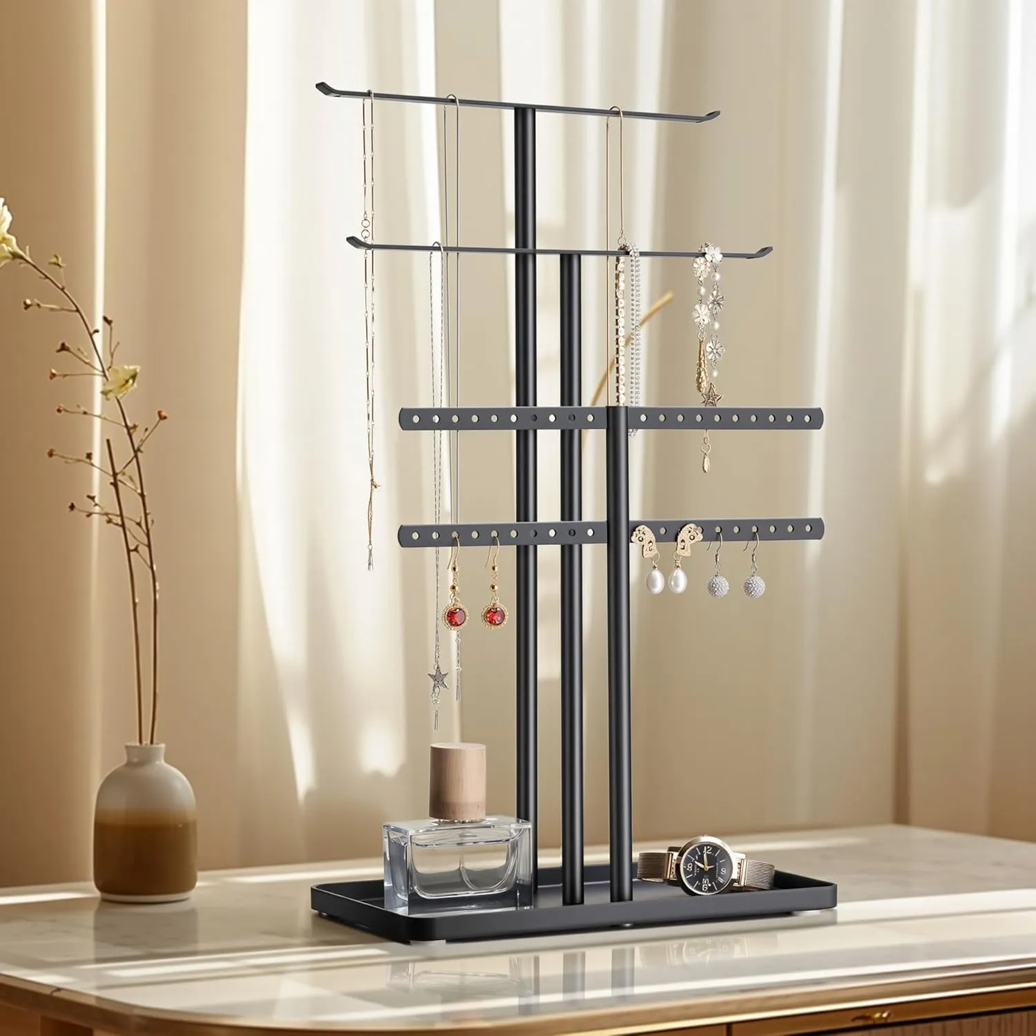 pickpiff Jewelry Stand Organizer, 14.5" Tall Sturdy Metal, 3-Tier Jewelry Holder for Necklace, Earring, Bracelet, Ring, Hanger for Display and Storage, Aesthetic Room Decor, Black