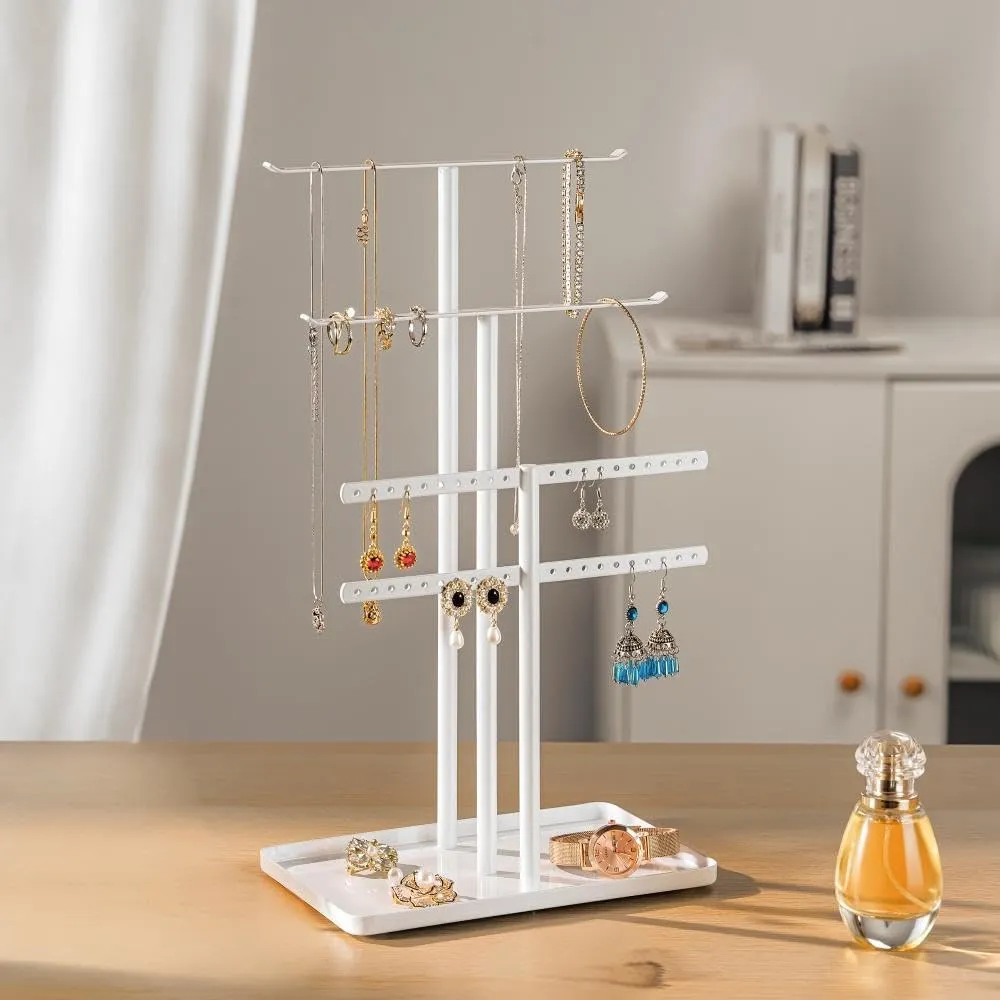 pickpiff Jewelry Stand Organizer, 14.5" Tall Sturdy Metal, 3-TierJewelry Holder for Necklace, Earring, Bracelet, Ring, Hanger for Display and Storage, Aesthetic Room Decor, White