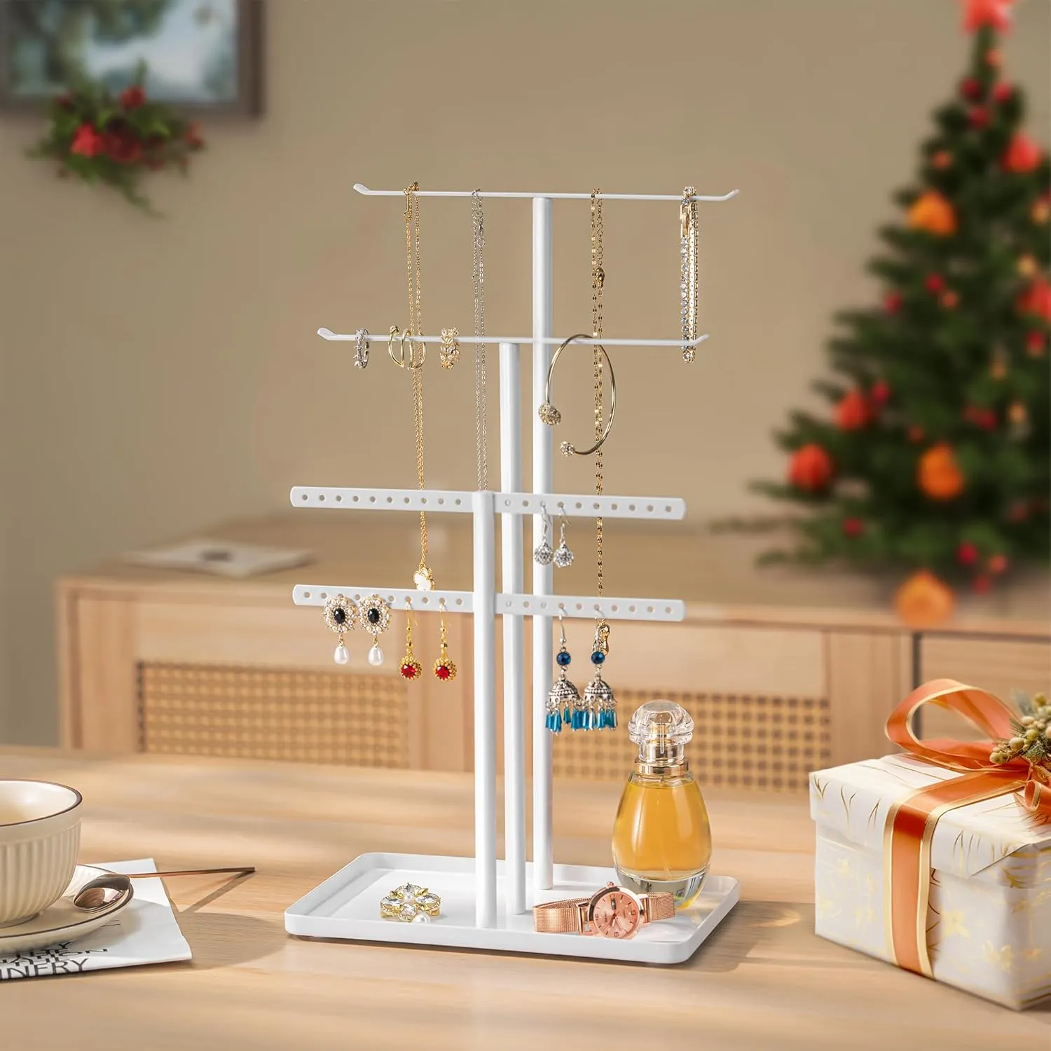 pickpiff Jewelry Stand Organizer, 14.5" Tall Sturdy Metal, 3-TierJewelry Holder for Necklace, Earring, Bracelet, Ring, Hanger for Display and Storage, Aesthetic Room Decor, White