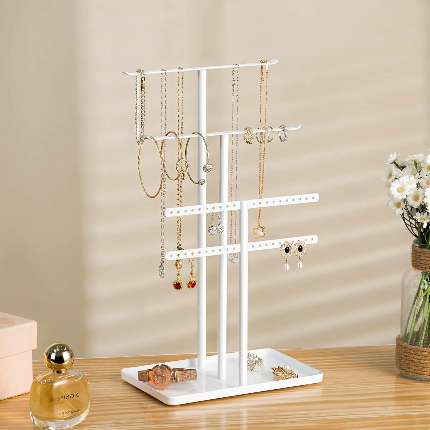 pickpiff Jewelry Stand Organizer, 14.5" Tall Sturdy Metal, 3-TierJewelry Holder for Necklace, Earring, Bracelet, Ring, Hanger for Display and Storage, Aesthetic Room Decor, White