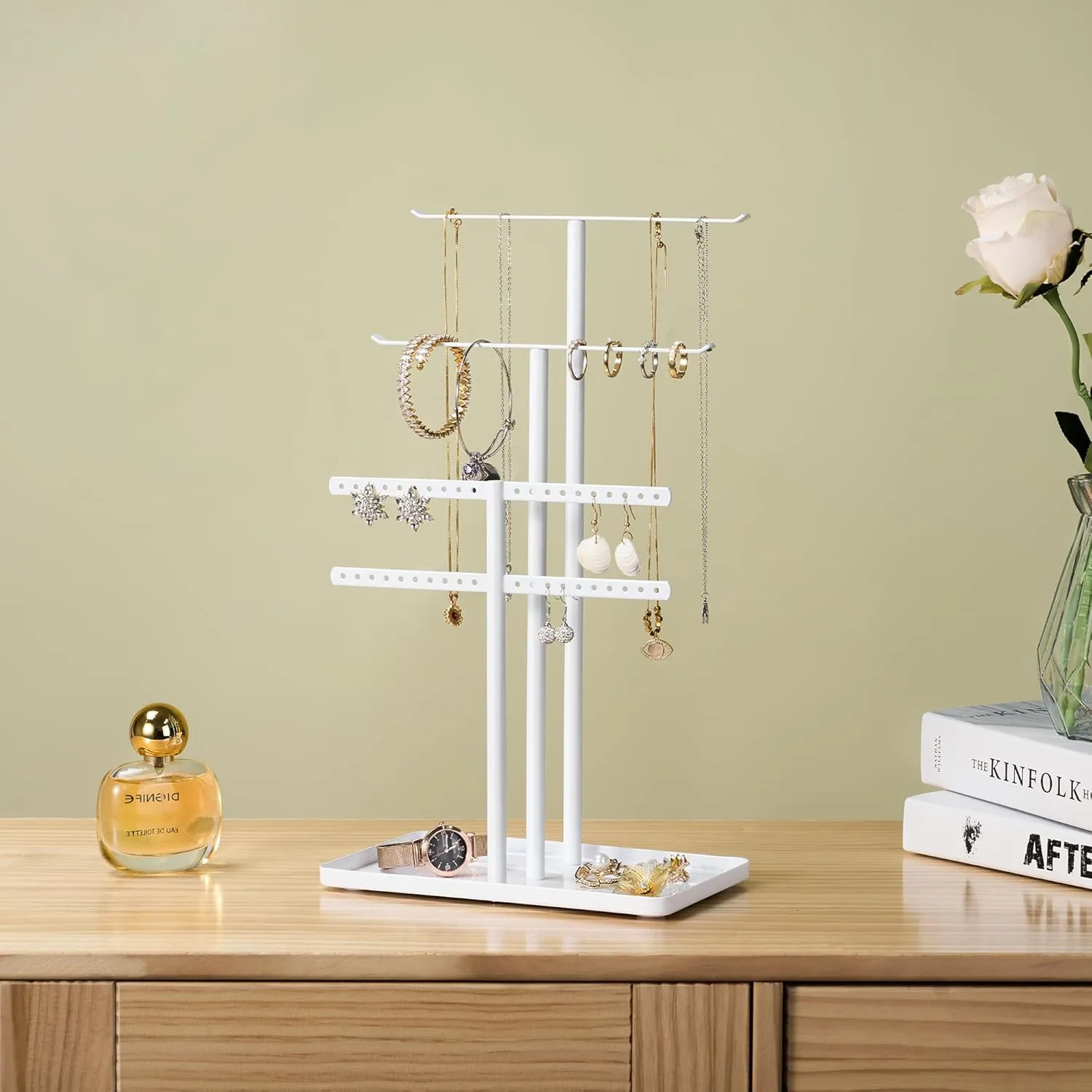 pickpiff Jewelry Stand Organizer, 14.5" Tall Sturdy Metal, 3-TierJewelry Holder for Necklace, Earring, Bracelet, Ring, Hanger for Display and Storage, Aesthetic Room Decor, White