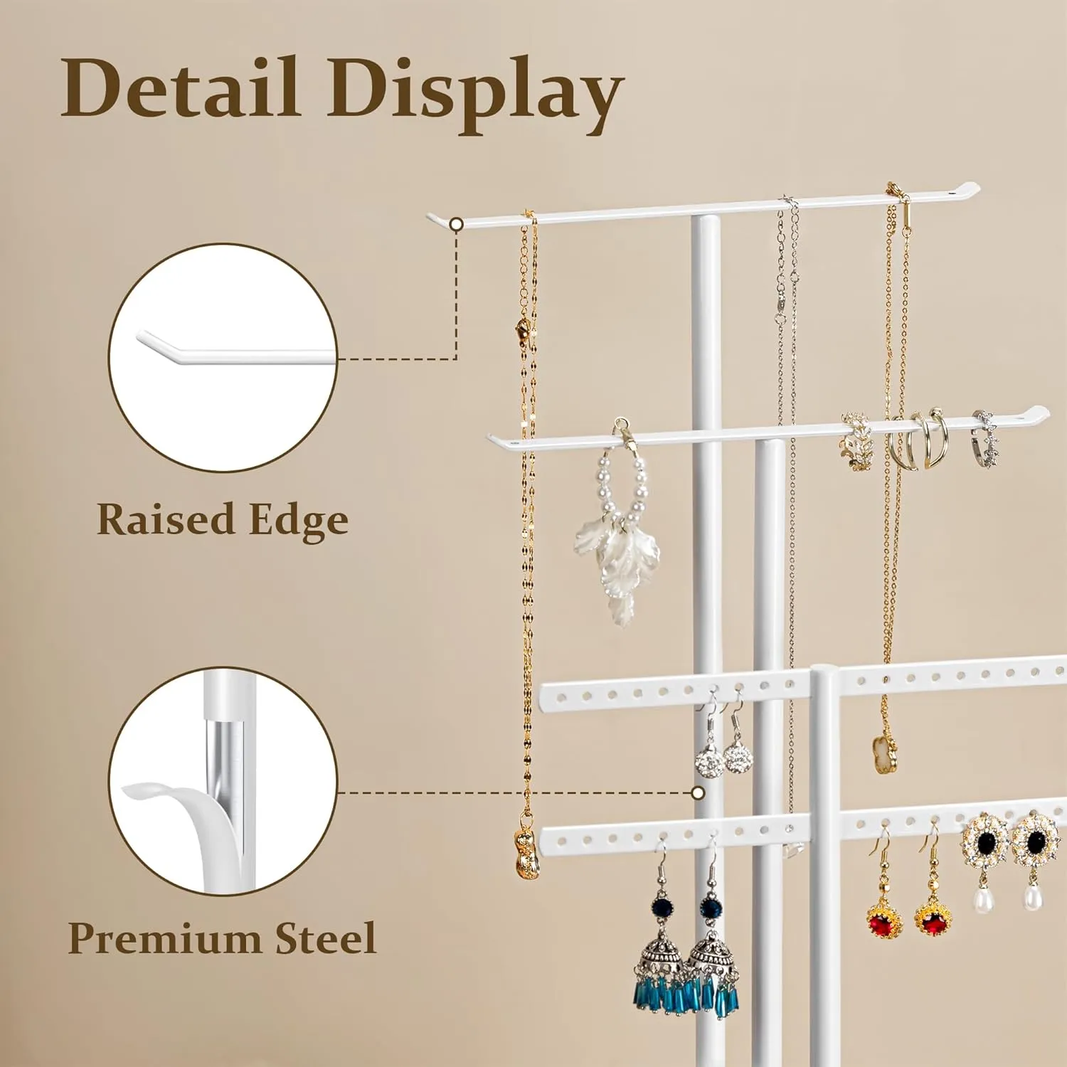pickpiff Jewelry Stand Organizer, 14.5" Tall Sturdy Metal, 3-TierJewelry Holder for Necklace, Earring, Bracelet, Ring, Hanger for Display and Storage, Aesthetic Room Decor, White