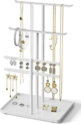 pickpiff Jewelry Stand Organizer, 14.5" Tall Sturdy Metal, 3-TierJewelry Holder for Necklace, Earring, Bracelet, Ring, Hanger for Display and Storage, Aesthetic Room Decor, White