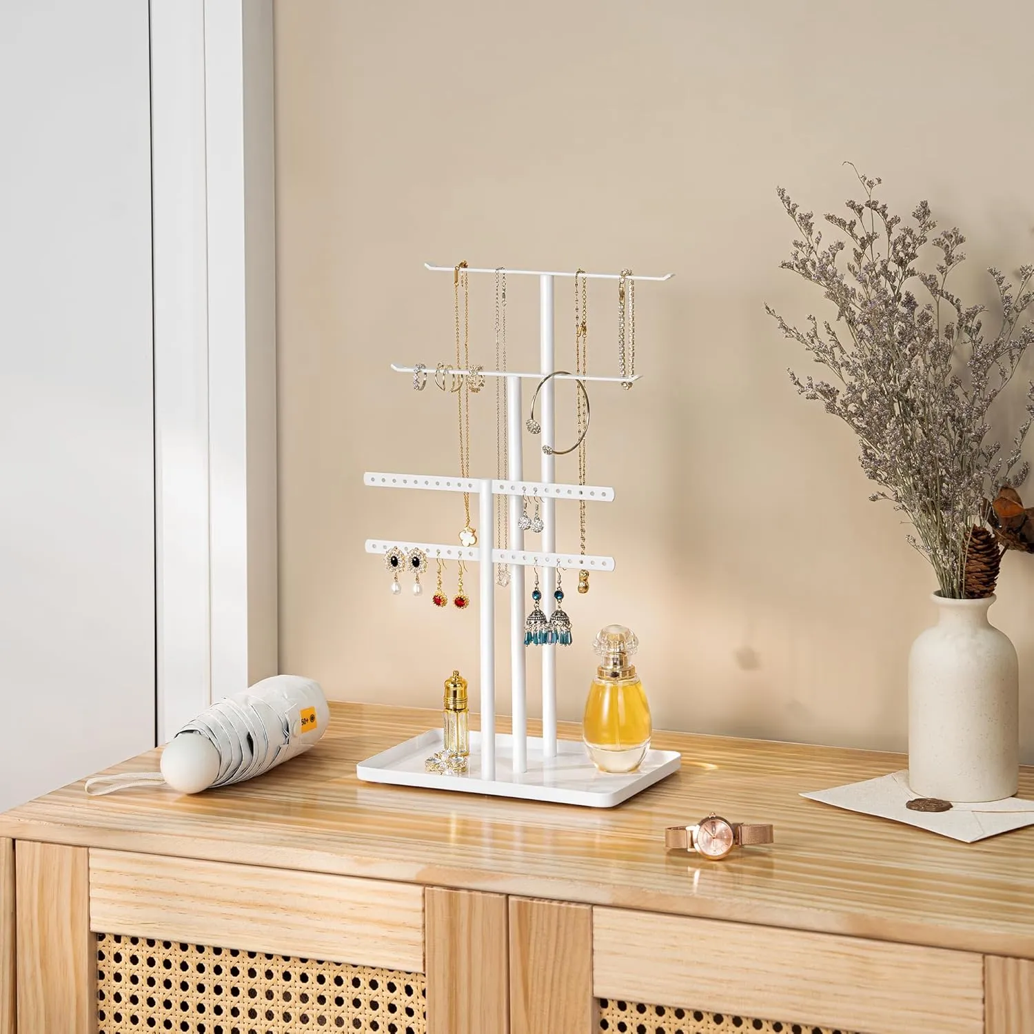 pickpiff Jewelry Stand Organizer, 14.5" Tall Sturdy Metal, 3-TierJewelry Holder for Necklace, Earring, Bracelet, Ring, Hanger for Display and Storage, Aesthetic Room Decor, White