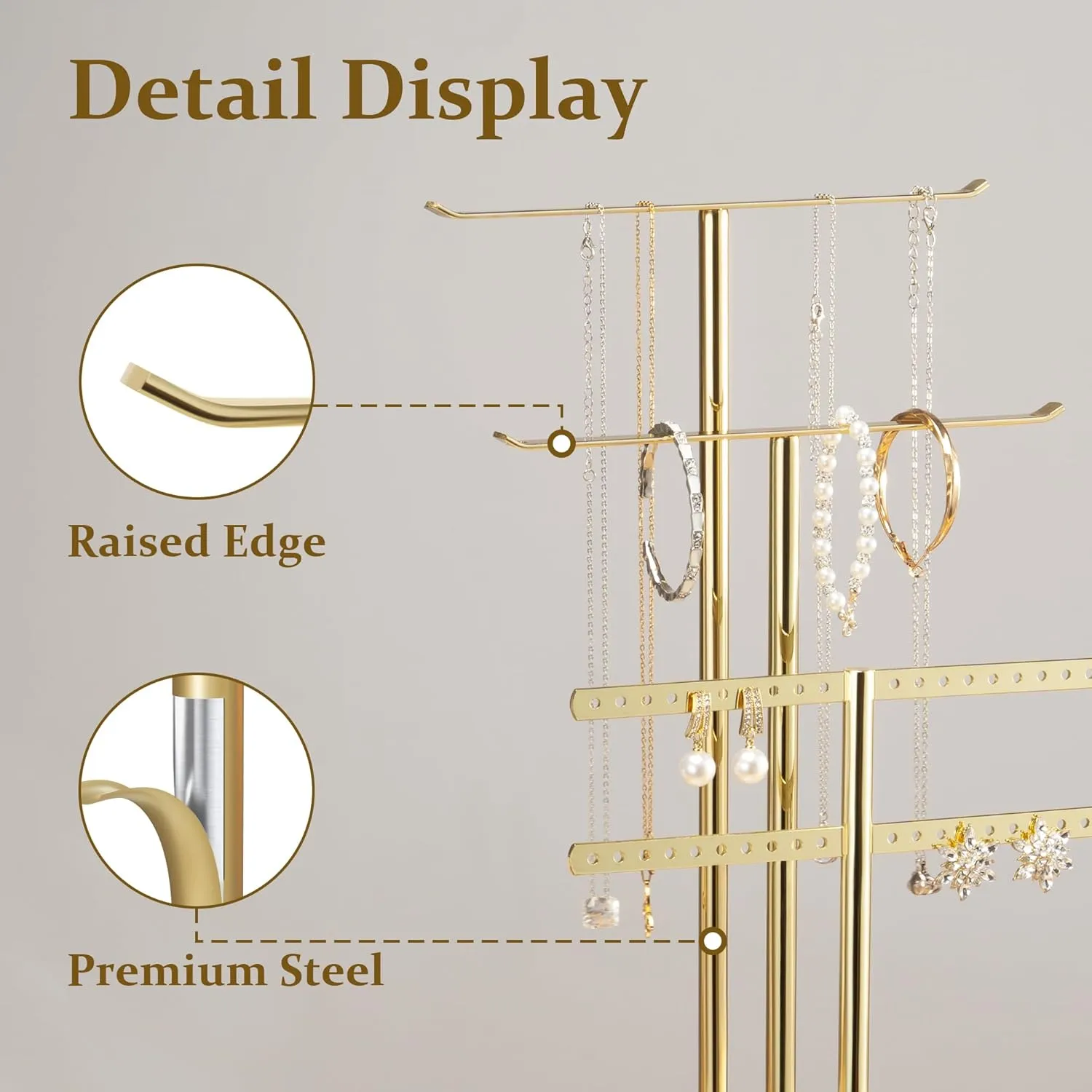 pickpiff Jewelry Stand Organizer Necklace Holder- 14.5" Sturdy Earring and Bracelet Display Hanger, Luxurious Gold, Aesthetic Room Decor
