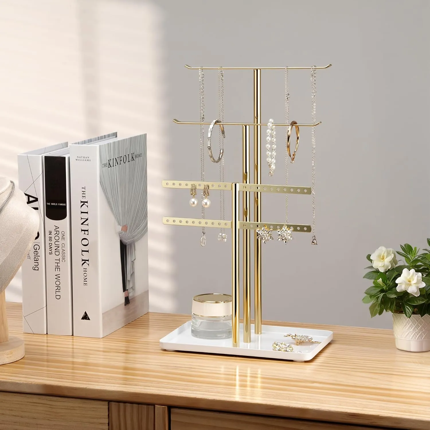 pickpiff Jewelry Stand Organizer Necklace Holder- 14.5" Sturdy Earring and Bracelet Display Hanger, Luxurious Gold, Aesthetic Room Decor