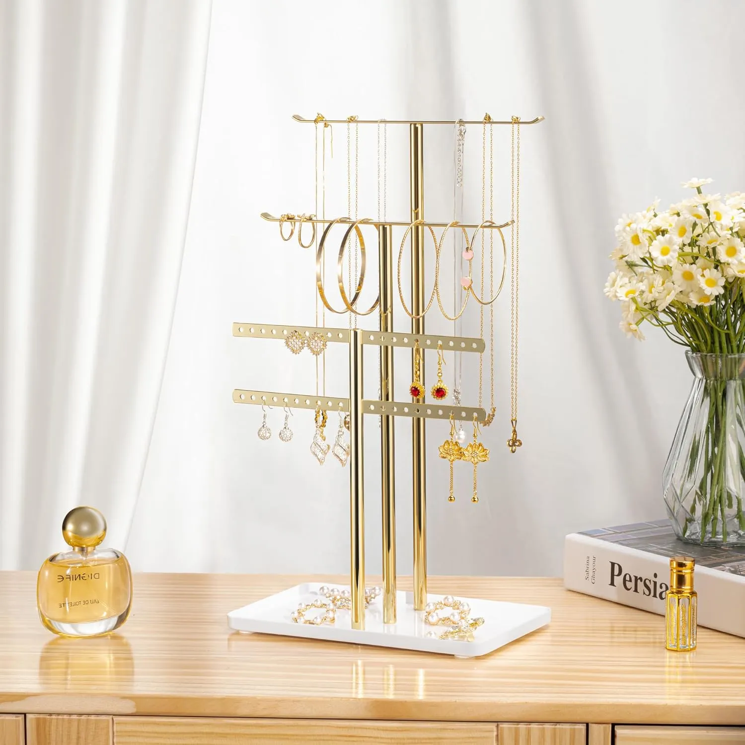 pickpiff Jewelry Stand Organizer Necklace Holder- 14.5" Sturdy Earring and Bracelet Display Hanger, Luxurious Gold, Aesthetic Room Decor