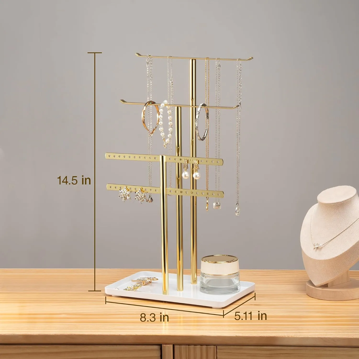 pickpiff Jewelry Stand Organizer Necklace Holder- 14.5" Sturdy Earring and Bracelet Display Hanger, Luxurious Gold, Aesthetic Room Decor