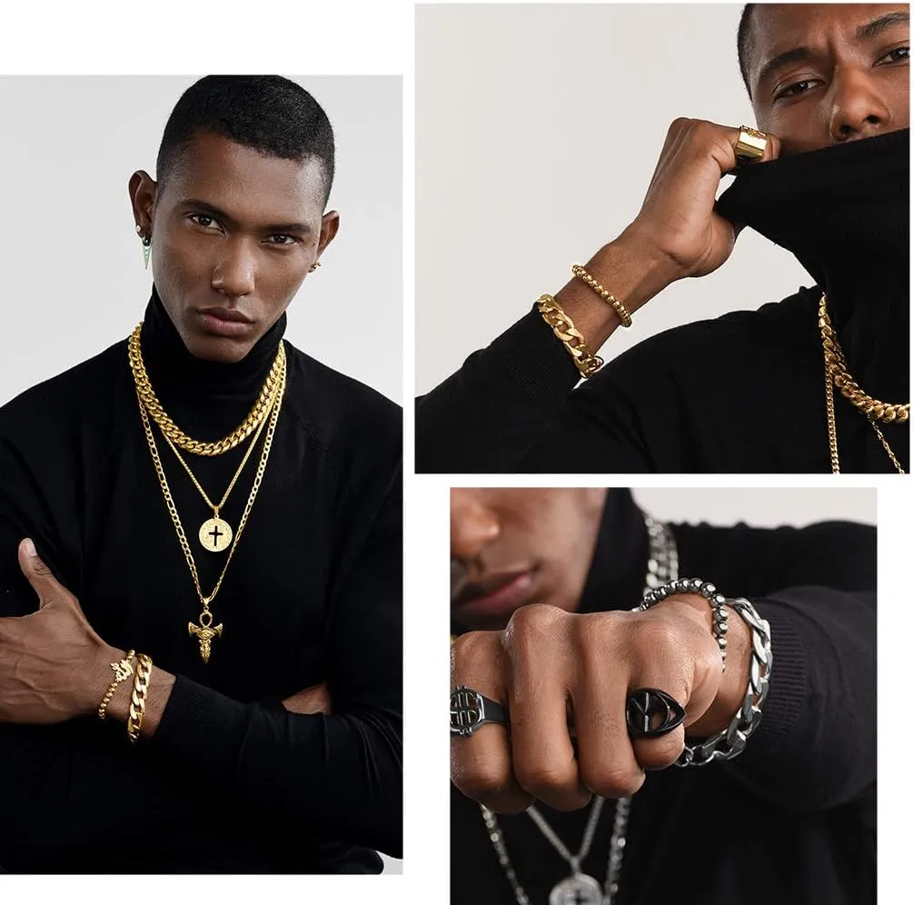 PROSTEEL Mens Cuban Link Bracelet, Black/18K Gold 316L Stainless Steel Cuban Chain Bracelet Hip Hop Jewelry, W: 6mm/9mm/13mm, L: 7.5"/8.3"/9", Come with Box