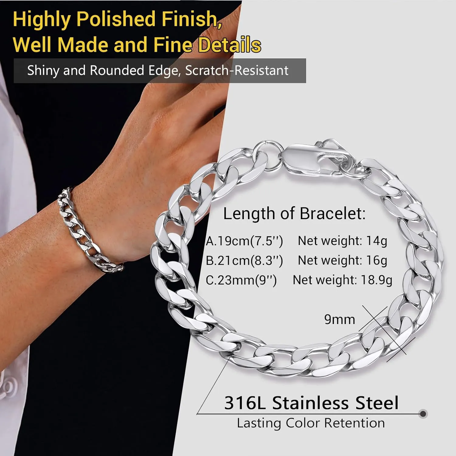 PROSTEEL Mens Cuban Link Bracelet, Black/18K Gold 316L Stainless Steel Cuban Chain Bracelet Hip Hop Jewelry, W: 6mm/9mm/13mm, L: 7.5"/8.3"/9", Come with Box